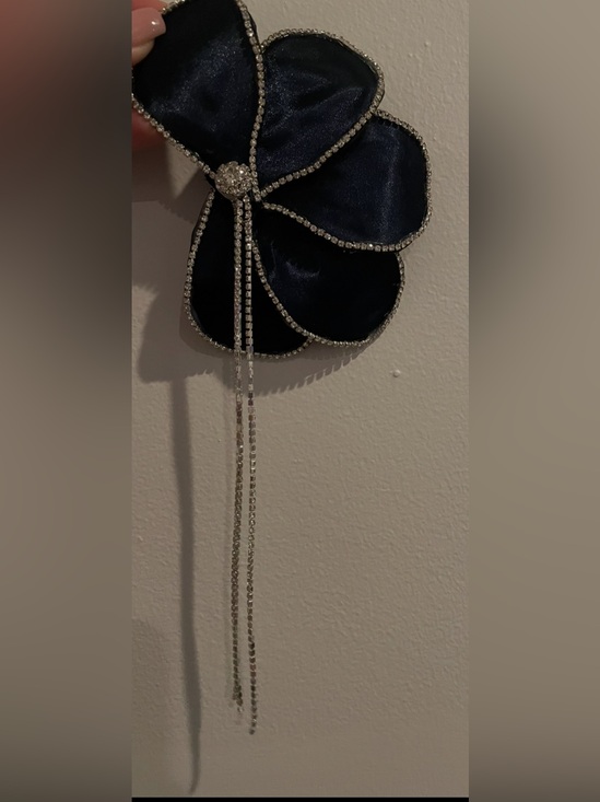 Navy blue satin Floral Hair Clip with Rhinestone Trim